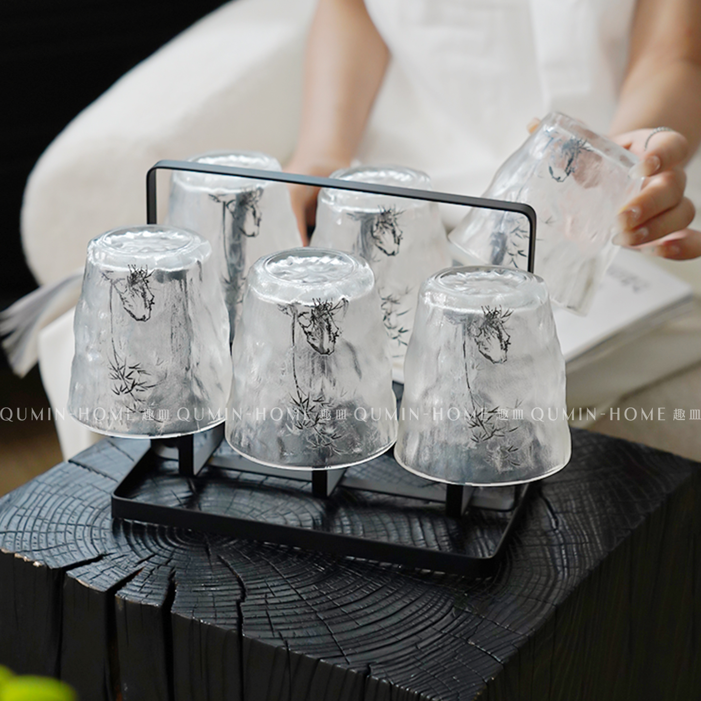 趣皿新中式玻璃水杯水具套装家用待客茶杯茶具套装水墨画玻璃杯子