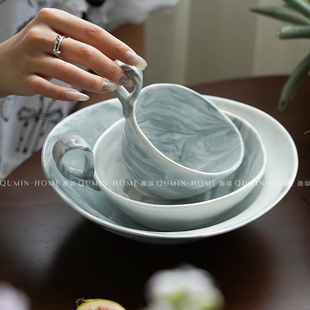 大理石纹甜品碗水果沙拉碗家用陶瓷杯碗套装 趣皿中式 高颜值马克杯