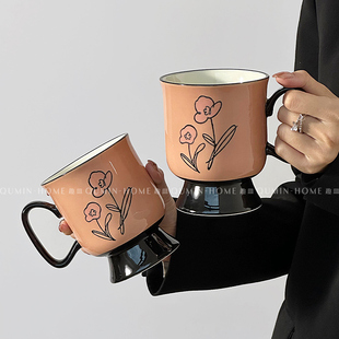 趣皿 花朵限定复古陶瓷杯手绘俏皮粉马克杯中古风咖啡杯精致水杯