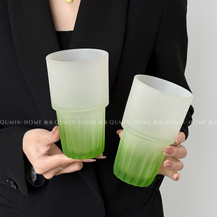 趣皿 磨砂质感绿色可叠冷萃咖啡杯家用喝水杯子高颜值创意玻璃杯