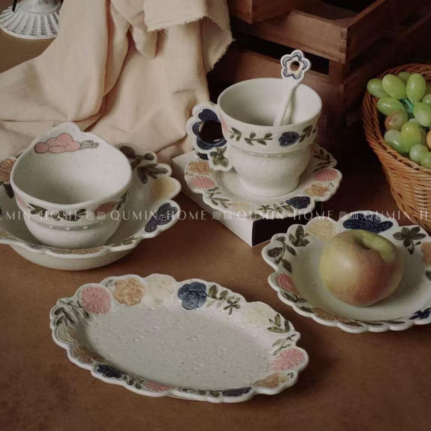 趣皿高级复古家用沙拉盘西餐菜鱼盘子带勺汤饭碗碟子陶瓷餐具套装