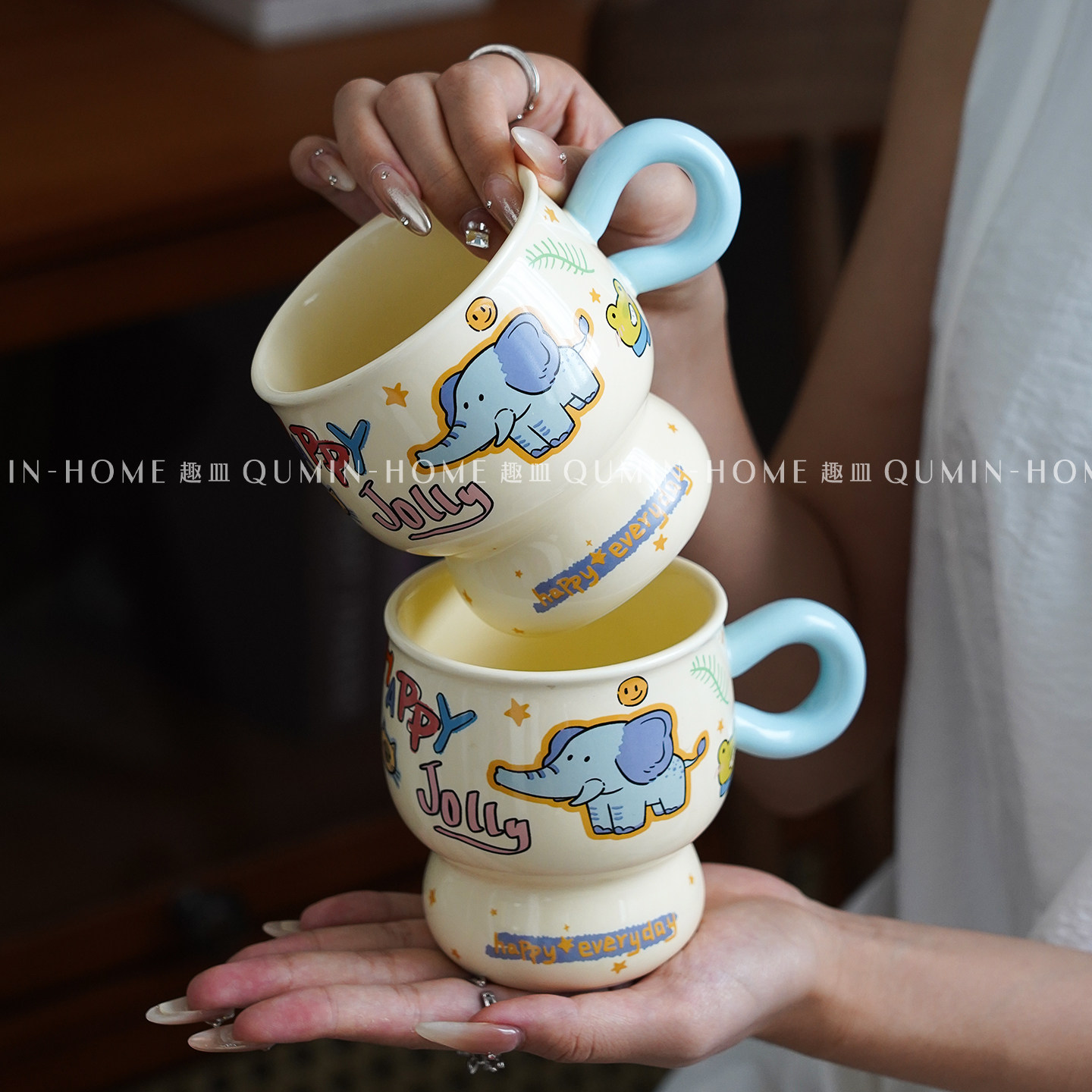 趣皿ins风可爱小象欢乐把手杯卡通陶瓷杯马克杯咖啡杯牛奶杯水杯,餐饮具,马克杯,淘宝优惠券,粉丝福利购,淘宝优惠卷