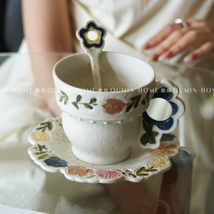 趣皿复古茶杯法式家用带勺喝水杯子陶瓷杯马克杯咖啡杯碟碗盘餐具