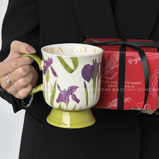 趣皿 中古手绘紫鸢尾花陶瓷马克杯拉花咖啡杯子下午茶杯原创礼物