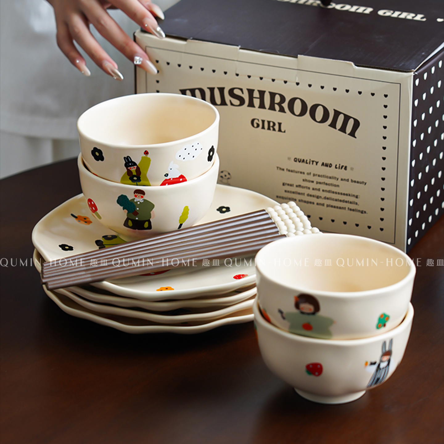 趣皿可爱风卡通餐具瓷器套装一家四口家用亲子餐陶瓷米饭碗菜盘子