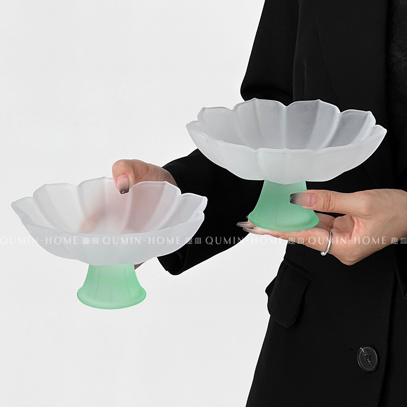 复古简约磨砂绿莲花水果盘家用甜点盘子客厅茶几点心盘高脚零食盘