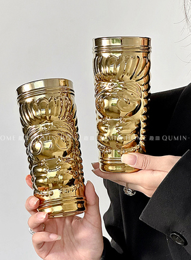 Qumin 镭射金tiki mug提基杯鸡尾酒杯狮子脸电镀杯冷饮杯玻璃酒杯