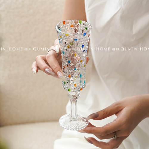 趣皿欧式钻石浮雕高脚杯高颜值小众玻璃杯香槟杯甜酒杯红酒杯水杯