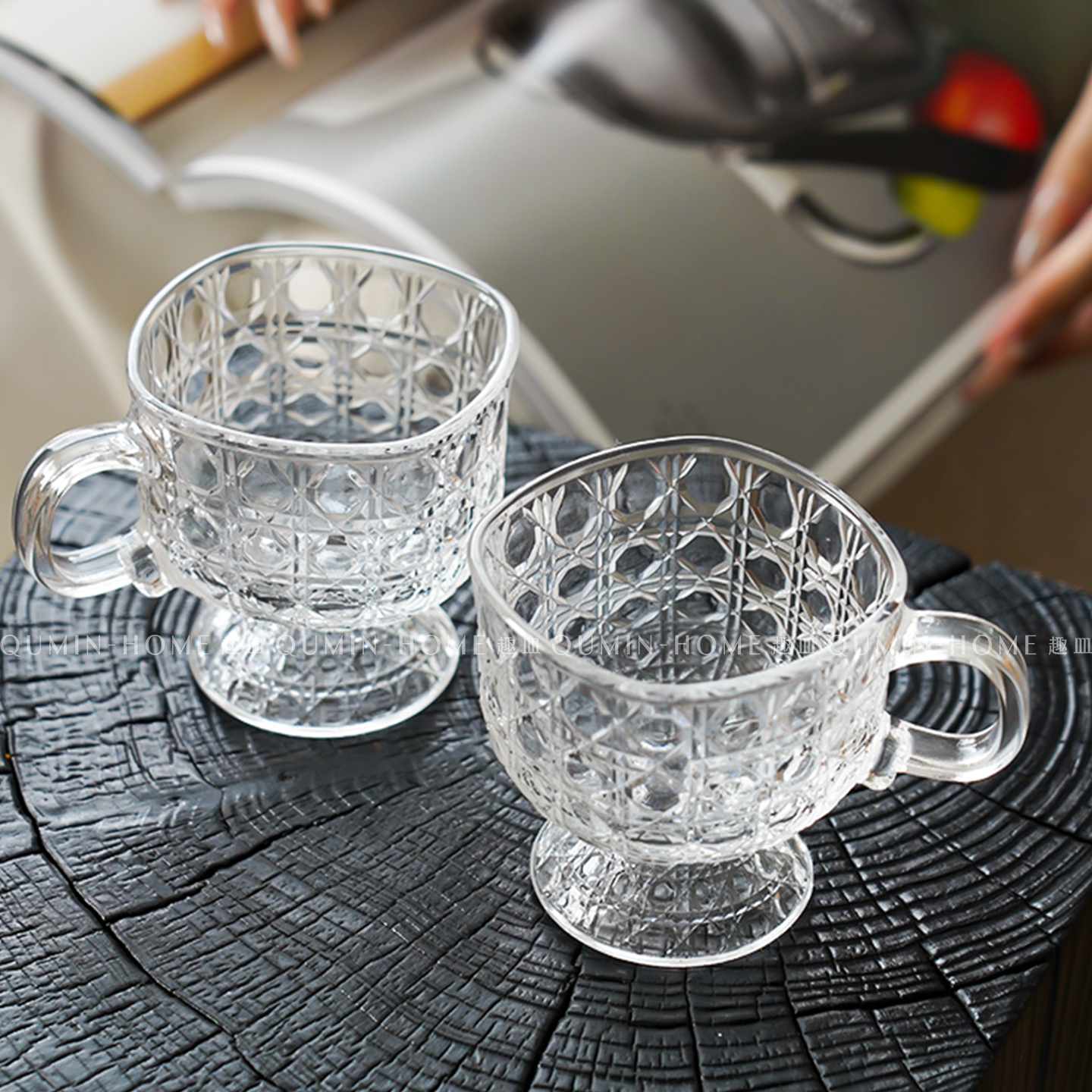 趣皿创意带把四方杯矮脚杯玻璃杯家用冷饮杯果汁杯冰淇淋杯喝水杯