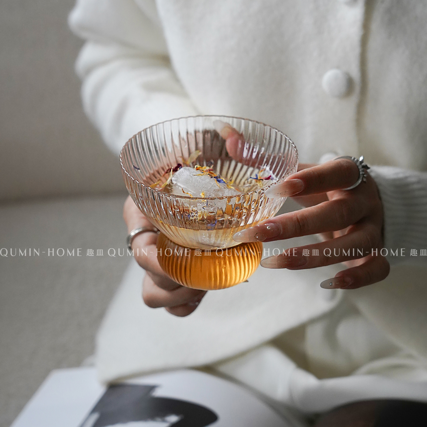 趣皿简约条纹宽口透明玻璃杯冰美式咖啡杯饮品杯特调冷饮杯饮料杯