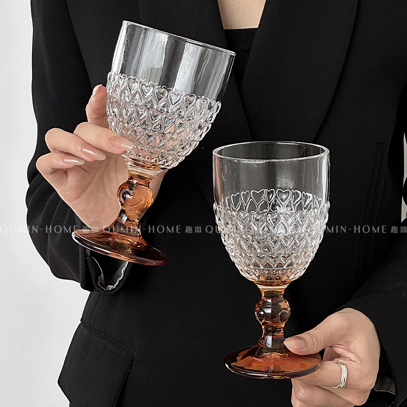 家用浮雕复古玻璃高脚葡萄酒杯子