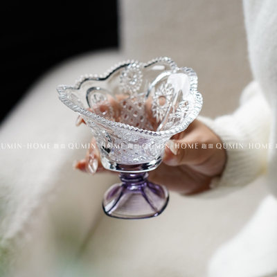 趣皿ins风轻奢高脚杯家用浮雕雪糕杯玻璃酸奶杯高档甜品杯奶昔杯