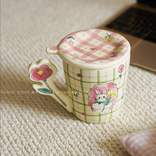 趣皿创意可爱陶瓷马克杯卡通情侣家用带盖喝水杯早餐杯咖啡牛奶杯