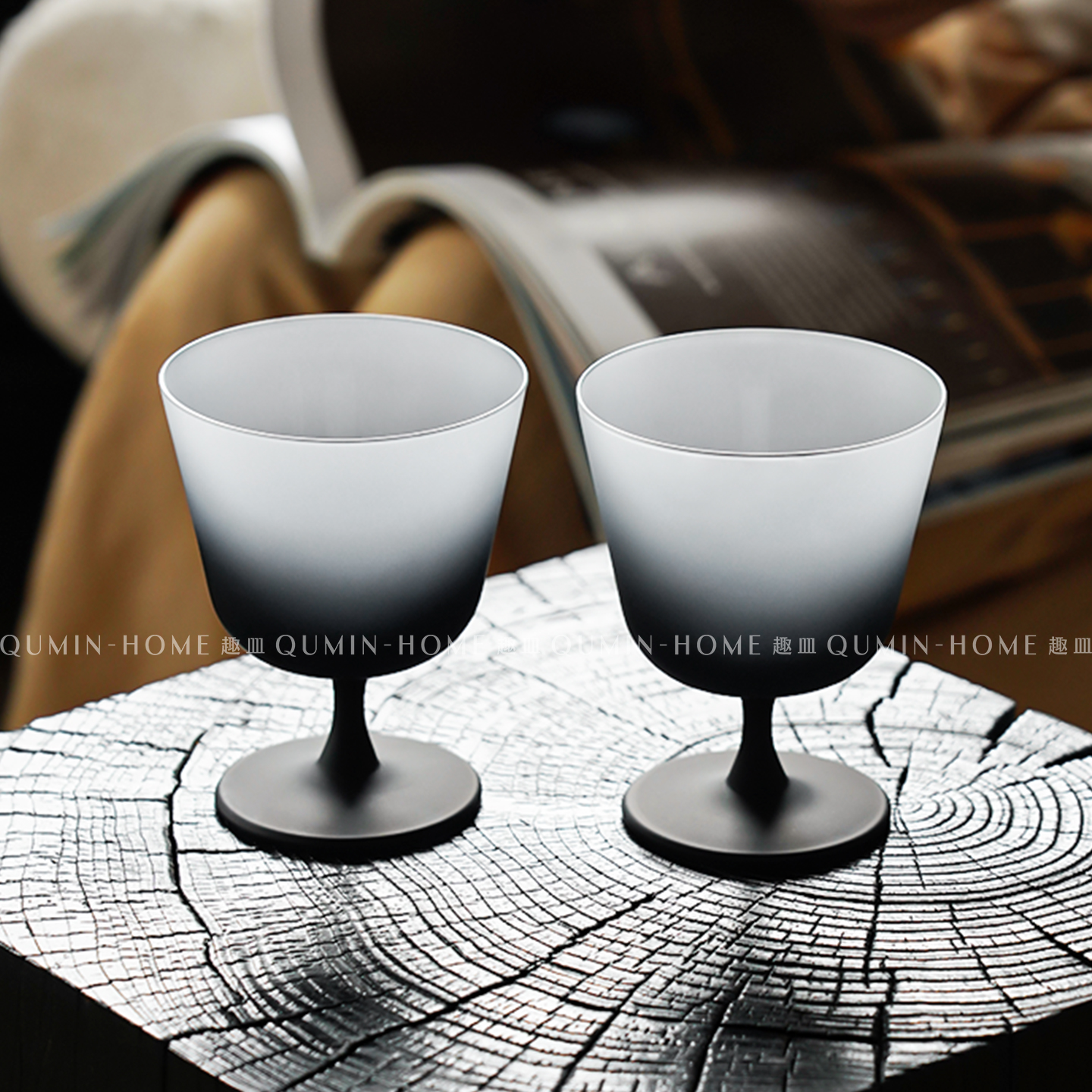 趣皿小众设计感磨砂渐变灰黑玻璃酒杯家用调酒氛围感果酒杯香槟杯