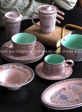 趣皿复古中式陶瓷餐具一整套装轻奢家用碗碟盘子提篮马克杯水杯