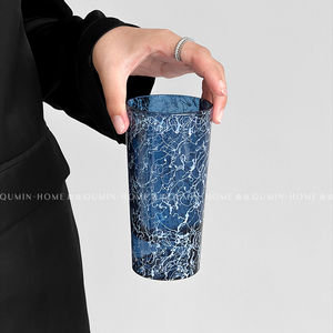 趣皿 ins风蓝色裂纹玻璃杯富士山喝水杯子高级感果汁饮料牛奶杯