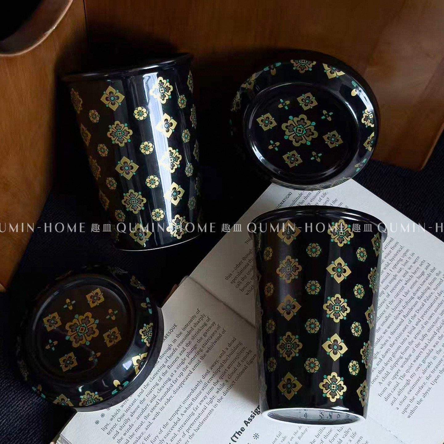 趣皿复古风黑金花纹陶瓷马克杯高级感轻奢设计喝水杯办公室咖啡杯