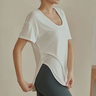 大码侧分叉瑜珈上衣女速干宽松罩衫长款T恤短袖专业运动健身服夏