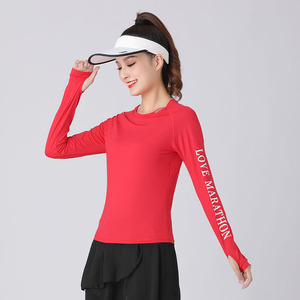 运动上衣女春夏修身户外跑步透气健身长袖字母印花T恤显瘦健身服