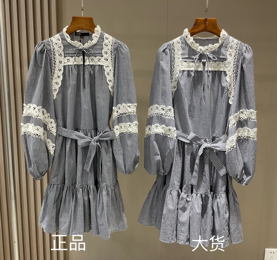 法单 春夏新品 格纹蕾丝拼接灯笼袖收腰纯棉 连衣裙 女
