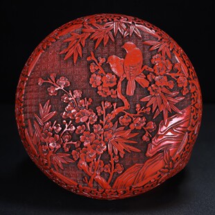 古玩老货怀旧收藏传统工艺剔红漆器满雕刻精品圆形花鸟首饰纳盒