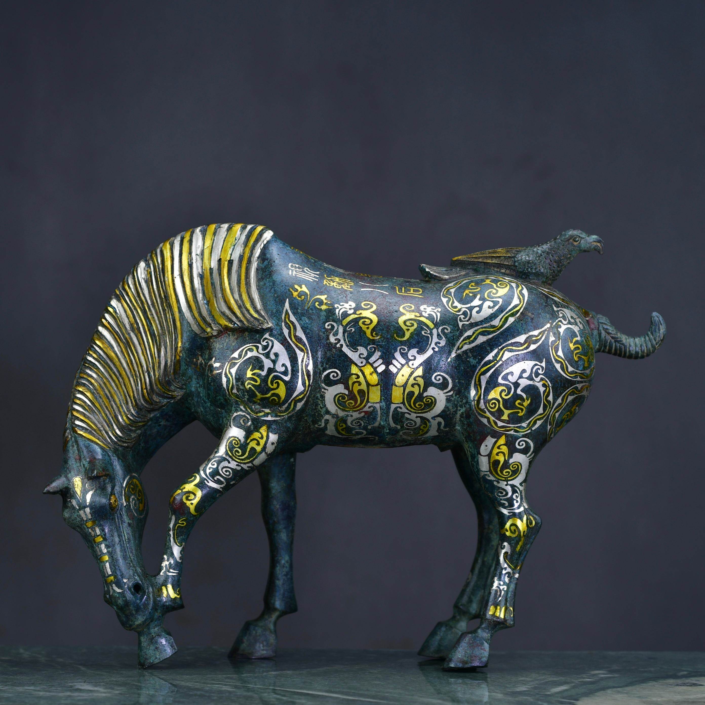 战汉错金银青铜马摆件 马上封侯仿古青铜器 家居博古架收藏送礼