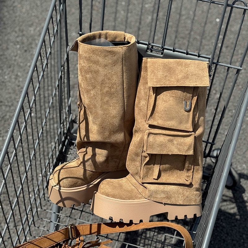 厚底口袋工装裤管靴女