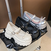 玛丽珍小皮鞋 女2024春季 新款 蝴蝶结厚底法式 浅口一字扣高跟单鞋 子