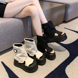 松糕厚底露趾短筒镂空马丁靴女款2025夏季新款爆款罗马凉鞋靴子女