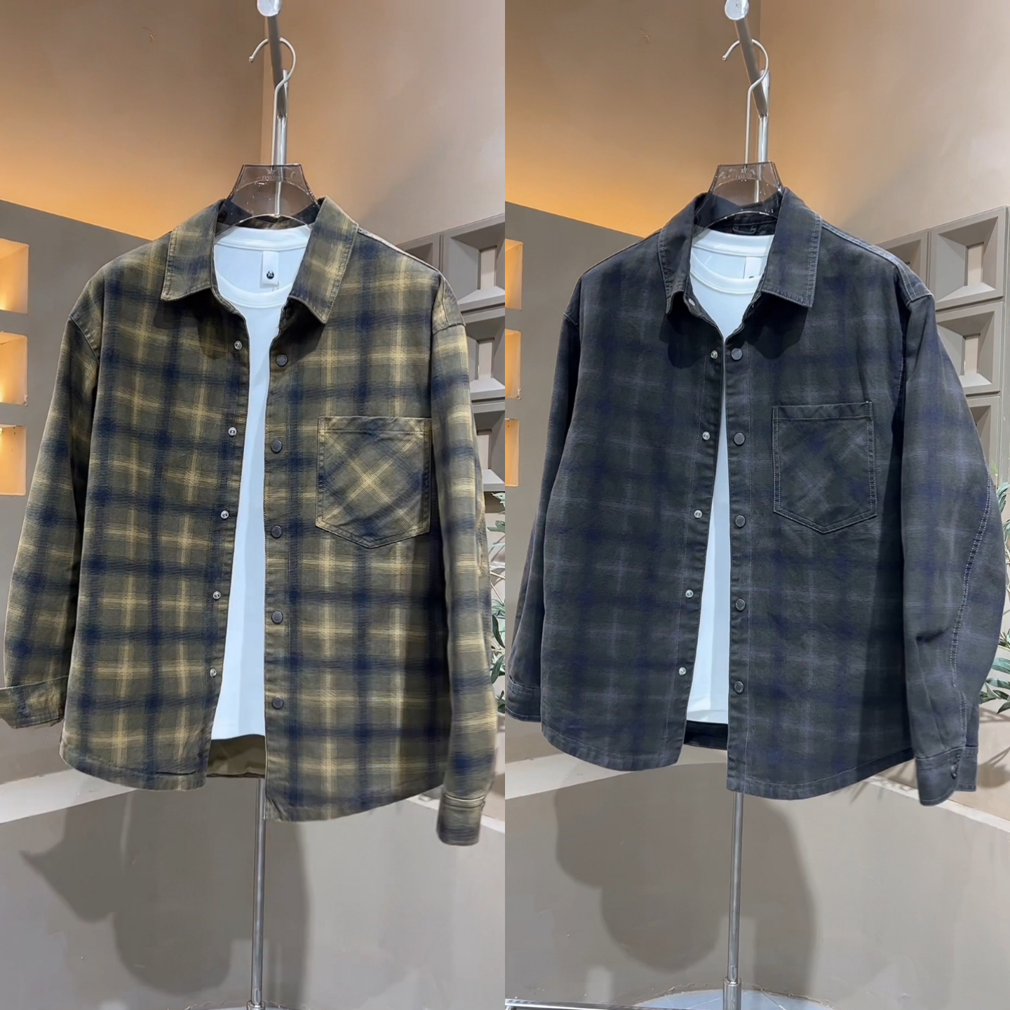 【情侣款牛仔外套】秋季时尚百搭翻领格子衬衣外套长袖开衫上衣潮