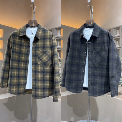 秋季潮流百搭翻领格衬衣外套