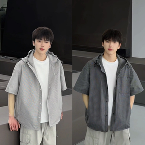 韩系慵懒风格纹连帽短袖男士衬衫