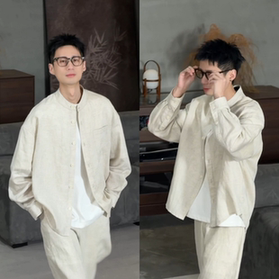 春季薄款极简风立领衬衫男士轻奢老钱高级感休闲长袖宽松衬衣外套