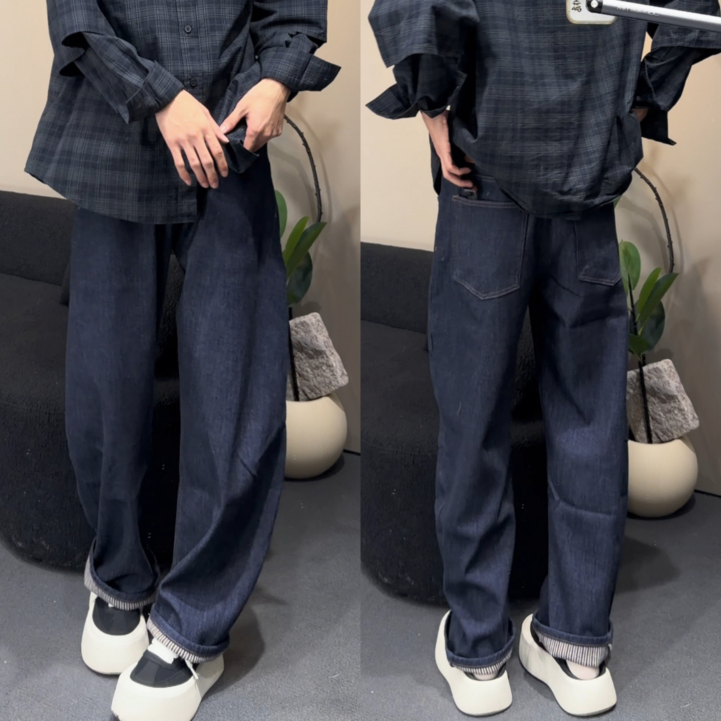 冬季极简风松弛感弯刀牛仔裤男