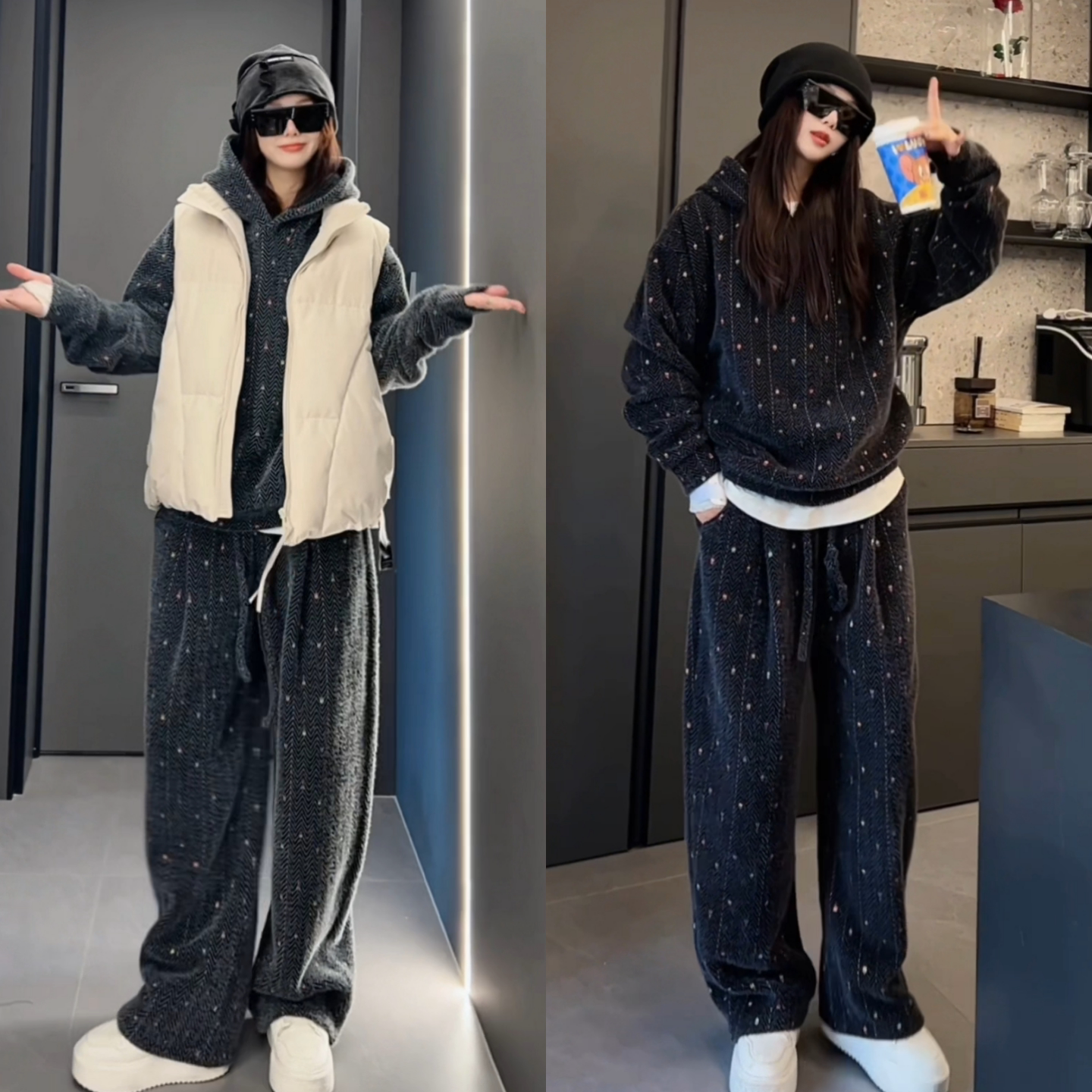 百搭高级冬季加厚套装彩织连帽卫衣时尚抽绳休闲裤两件套男女同款