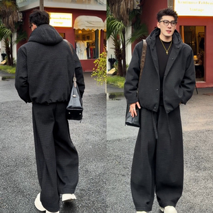 冬季休闲套装连帽卫衣开衫直筒裤两件套潮牌高级感格子时尚套装男