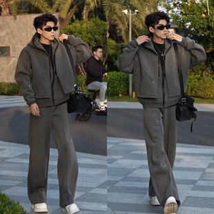两件套简约新品 假两件连帽卫衣直筒裤 男立体剪裁休闲运动套装 冬季