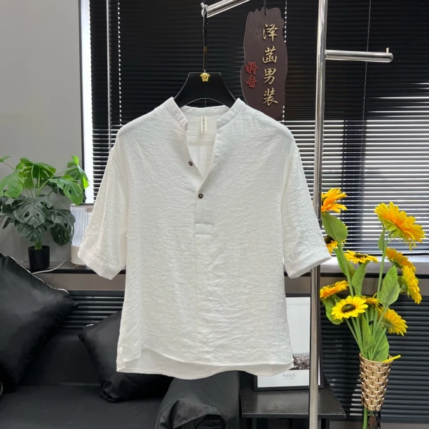 男女同款T恤夏季V领休闲时尚薄款透气简约轻奢高品质半袖五分袖潮