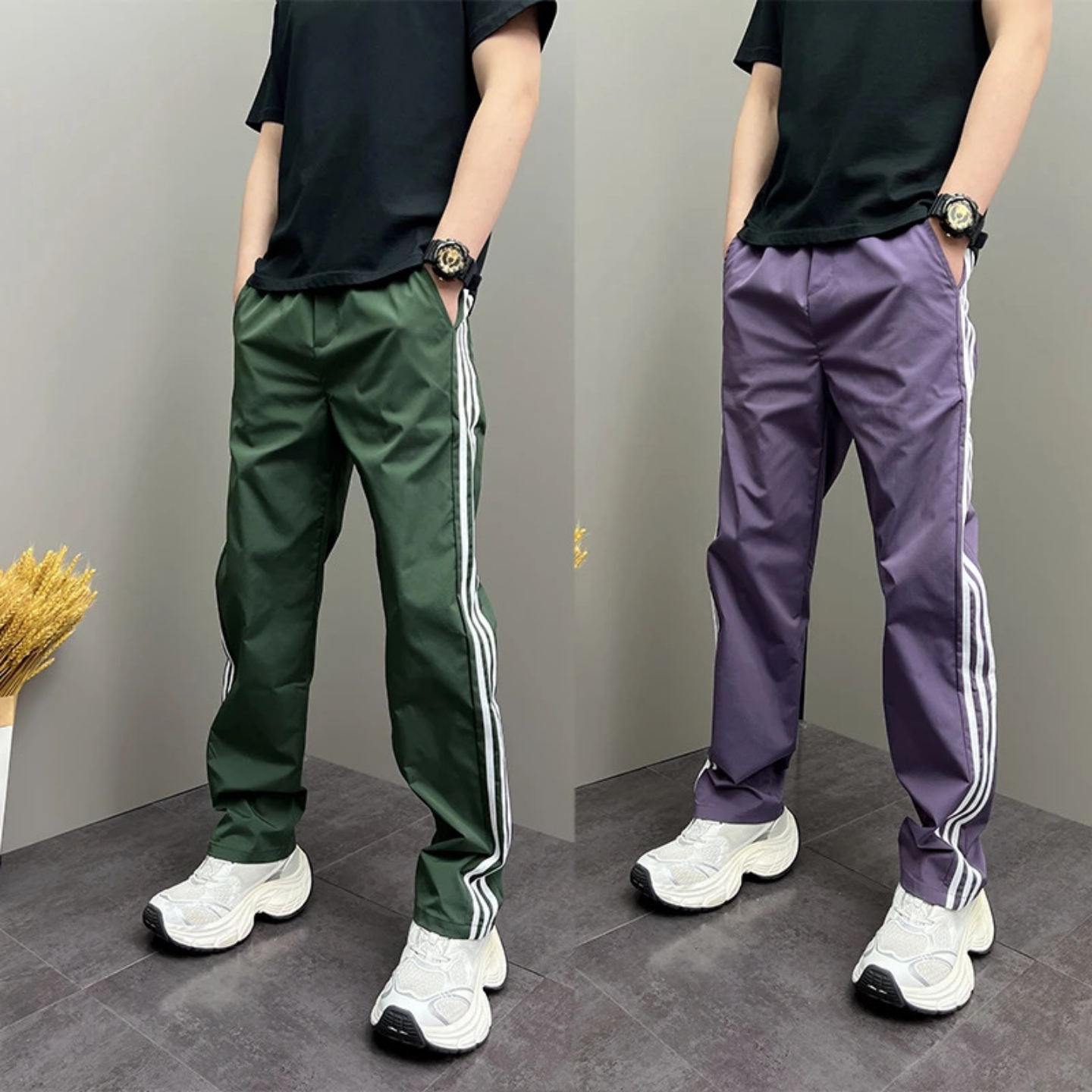 春季上新美式百搭侧边条纹运动休闲裤男士潮流透气撞色直筒长裤潮