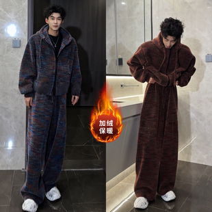 冬季酷帅穿搭高级感套装七彩加厚绒面针织连帽卫衣长裤两件套男士