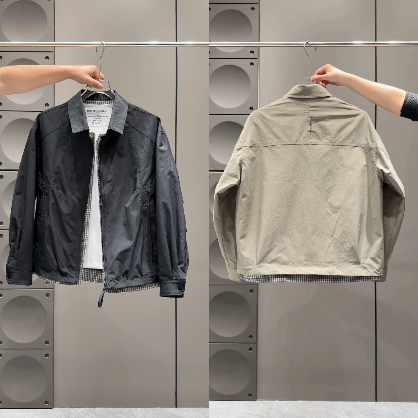 2026春季男士休闲风格子拼接假两件翻领夹克时尚拼色简约百搭外套