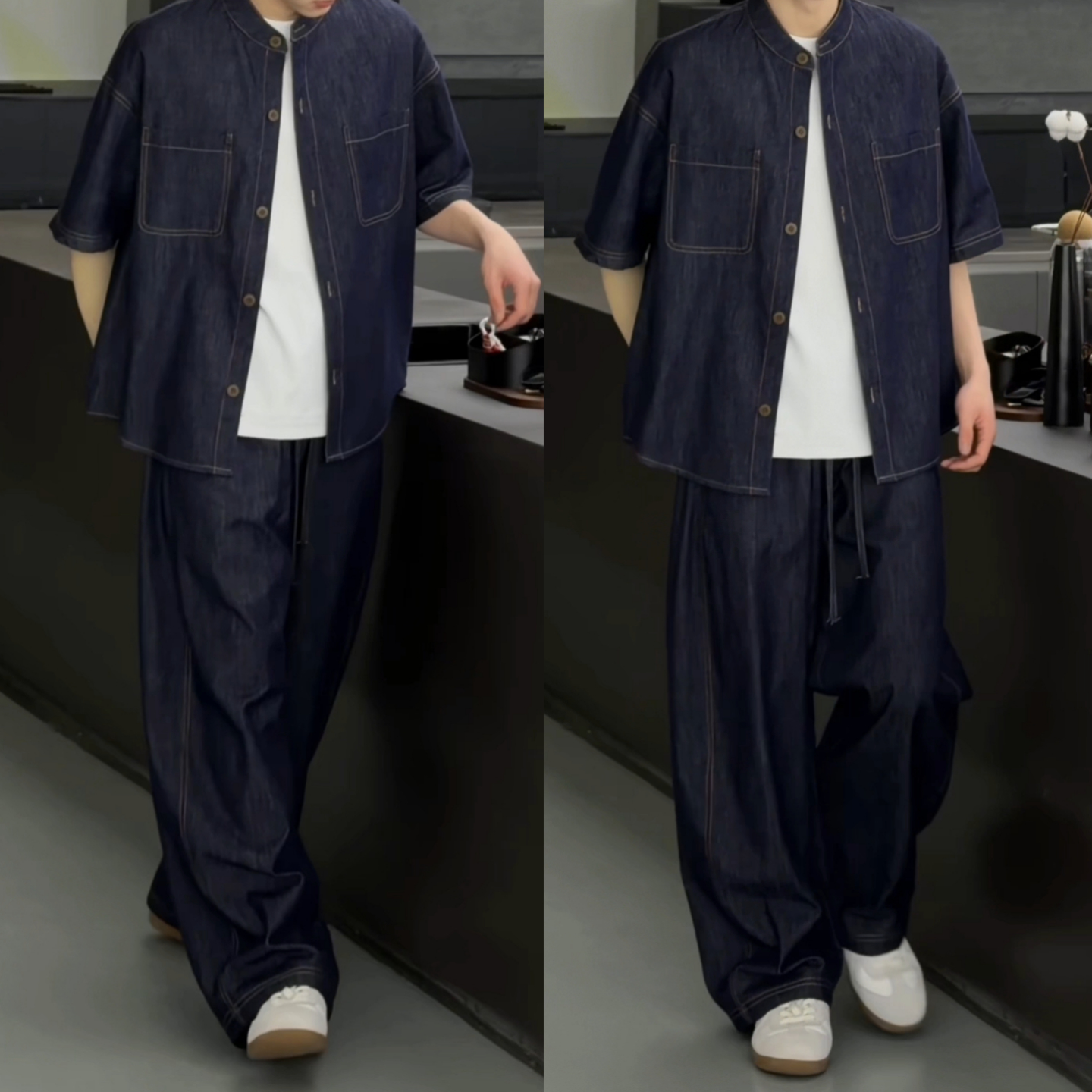 夏季男士水洗牛仔时尚休闲两件套