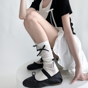 春夏季细条堆堆中筒袜微透miu风白色薄款竖纹小腿袜芭蕾风蝴蝶结
