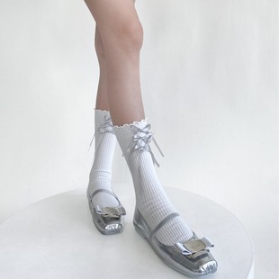 甜美少女风日系蝴蝶结木耳边白色棉袜春夏季芭蕾风百搭款中筒袜子