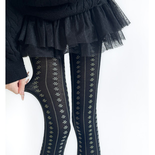 中古秀款碎花竖纹古着穿搭平板连裤袜深灰色棉质燕麦色打底袜裤子