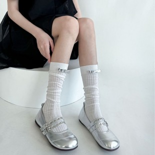 简约韩系竖条春夏季走秀款纯色堆堆袜立体银结miu风百搭小腿袜女