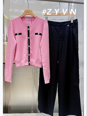 ZYVN2023新款小香风短款羊毛针织开衫外套女撞色描边设计小众设计