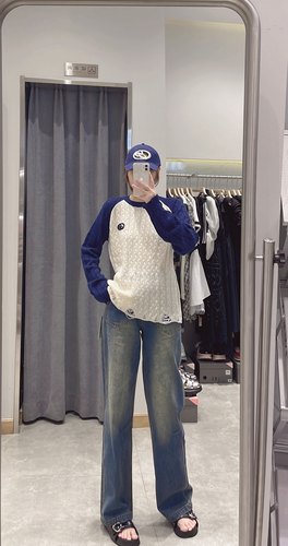 SAYOWT2023早秋新款美式复古插肩袖绞花毛衣圆领破洞打底针织衫