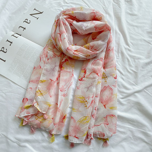 粉黄流苏水墨画棉麻手感围巾女防晒海边沙滩巾云南旅游拍照大披肩