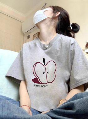 苹果印花白色t恤女秋衣服2026新款内搭打底衫女款纯棉上衣夏短袖X